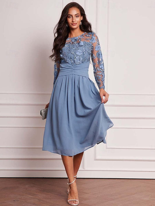 Blue Floral Lace Chiffon Dress