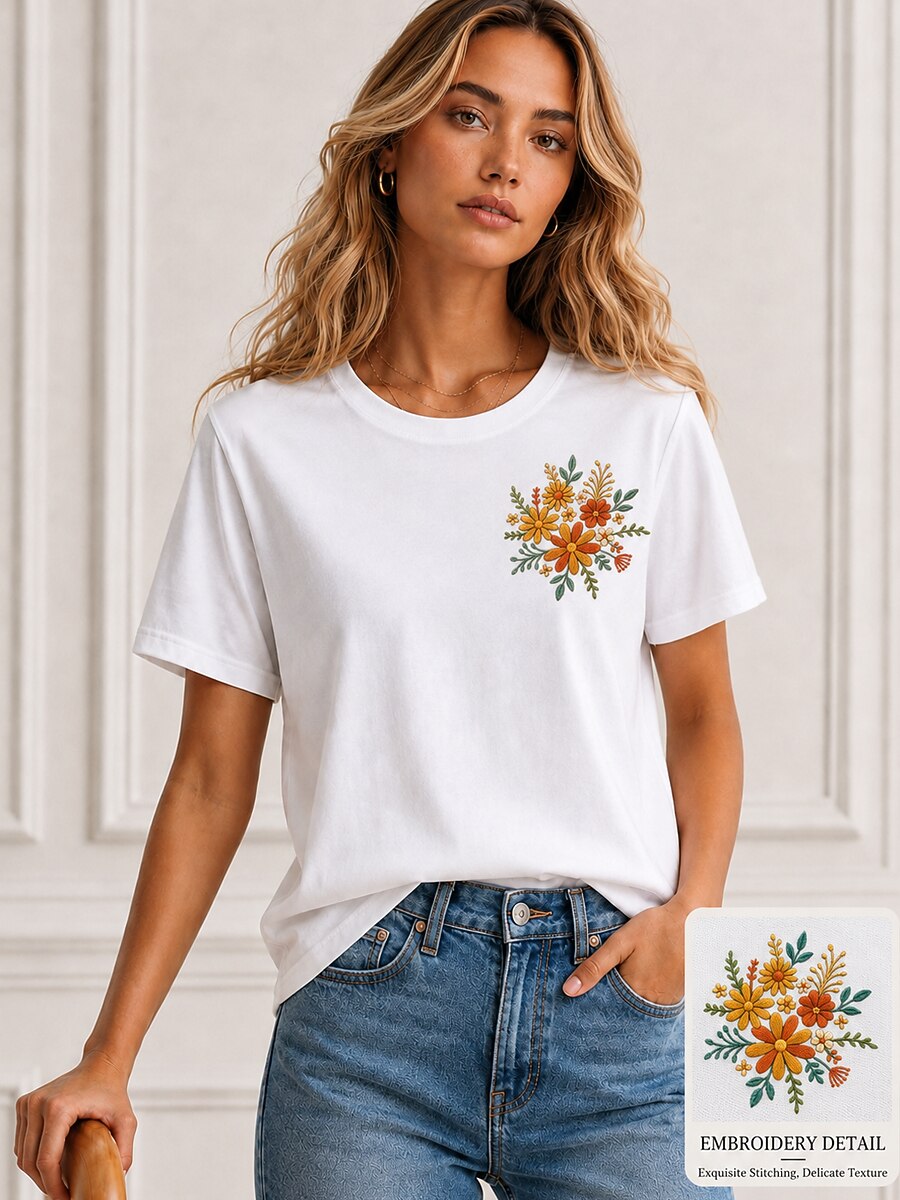 Floral Embroidered 100% Cotton Tee