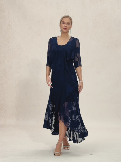 Navy Floral Chiffon Evening Gown with Asymmetrical Hem