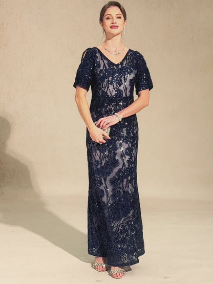 V-Neck Sequin Embroidered Cold Shoulder Evening Dress