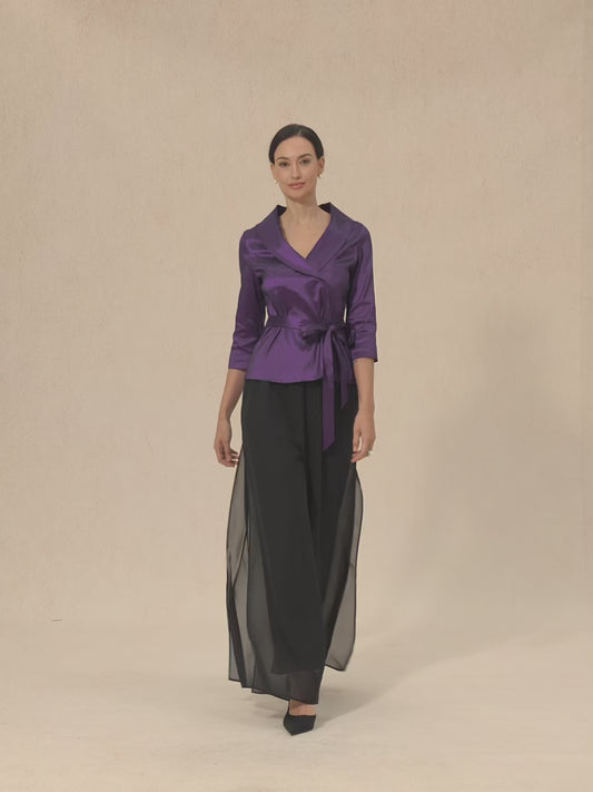3/4 Sleeve Stretch Taffeta Blouse with Tie Waist Detail