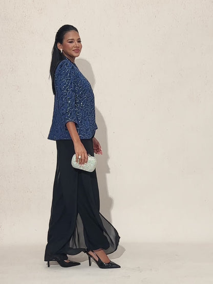 ペイズリー柄レースのマンダリンカラー ツインセット（ラインストーン付き）