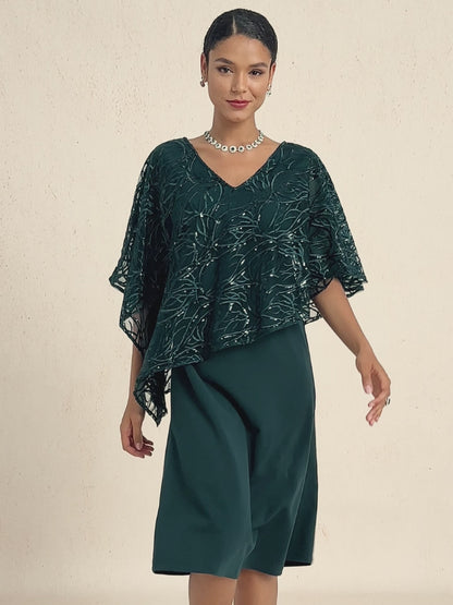 Sequin Knee Length V Neck Overlay Dress