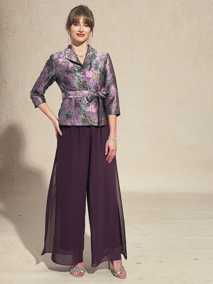 3/4 Sleeve Floral Jacquard Blouse with Tie Waist