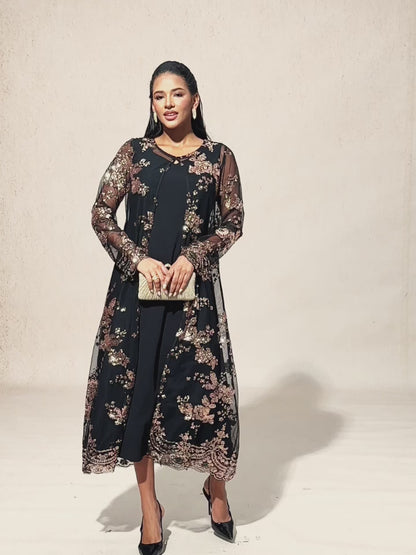 長款亮片刺繡外套，巴洛克花卉圖案