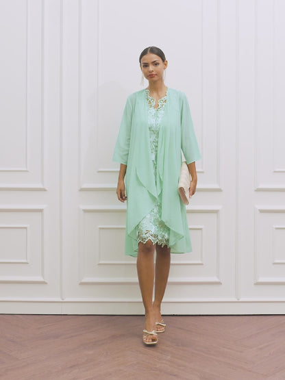 Ensemble de robe en mousseline de soie et dentelle verte