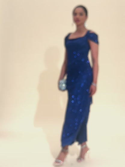 踝長露肩亮片網紗洋裝