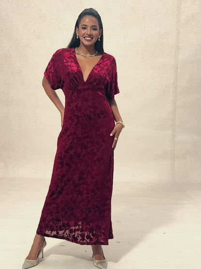 V-Neck Velvet Floral Maxi Dress