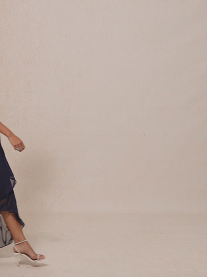 Navy Floral Chiffon Evening Gown with Asymmetrical Hem