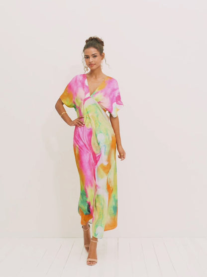 Maxikleid aus Satin mit Batikmuster