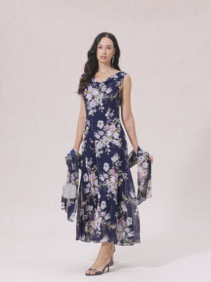 Floral Cowl Neck Tea-Length Dress with Flounce Hem