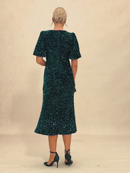 Velvet Sequin Midi Dress with Puff Sleeves