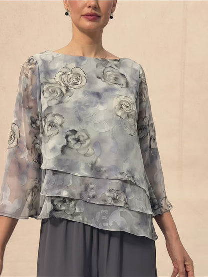 Lace Chiffon Layered Blouse with Floral Print
