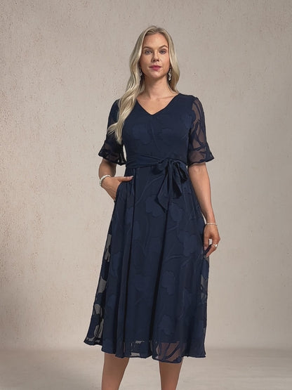 Ruffle Flutter Lace Midi Dress with Pockets