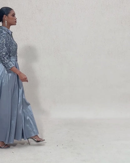 Stretch Taffeta Embroidered Cocktail Dress with Sequin Bodice