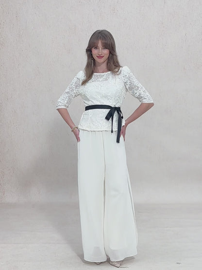 3/4 Sleeve Rosette Lace Blouse with Sequin Detail