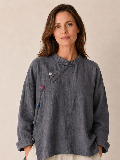 Premium Linen Asymmetric Button-Down Blouse