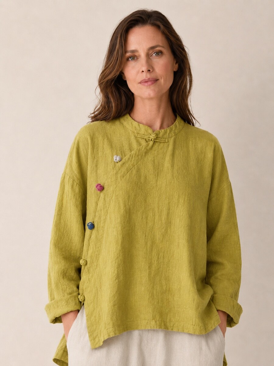 Premium Linen Asymmetric Button-Down Blouse