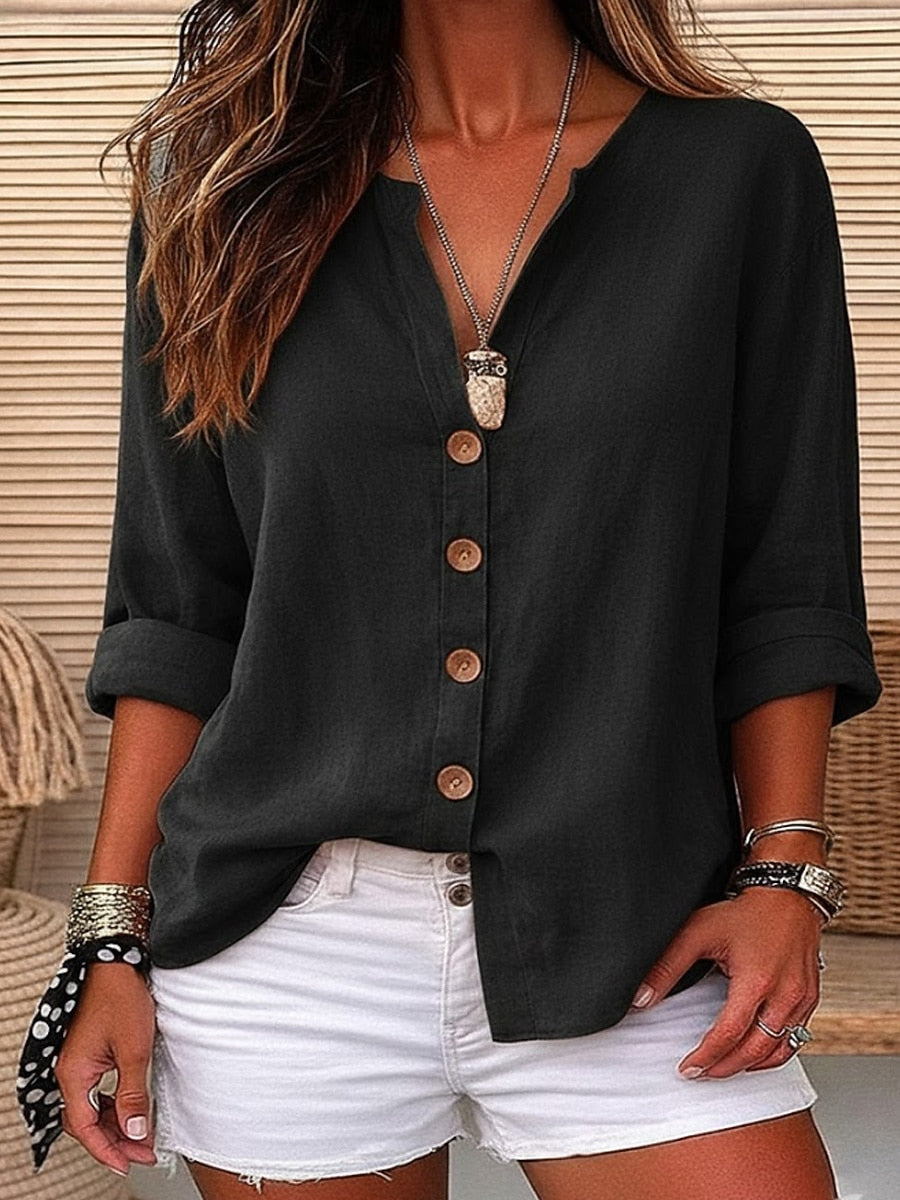 V Neck Soft Cotton Linen Blouse