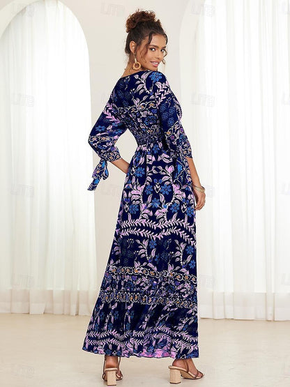 Urlaubs-Maxikleid aus Chiffon mit Rüschen und V-Ausschnitt