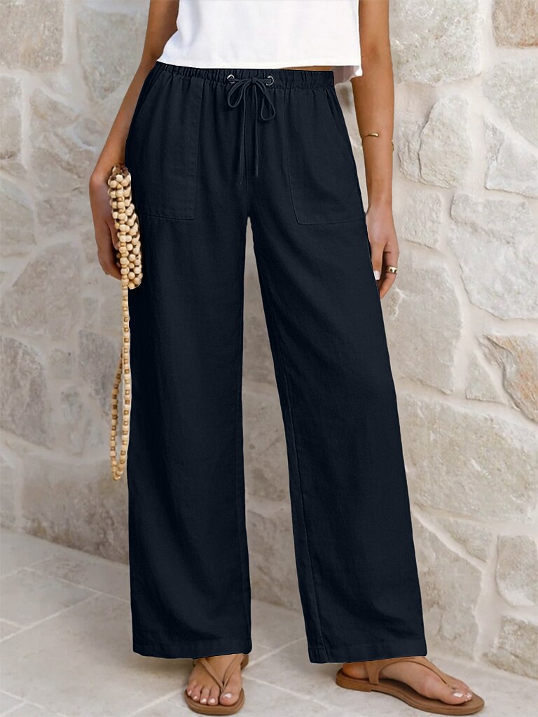 Cotton Linen Drawstring Straight-Leg Pants