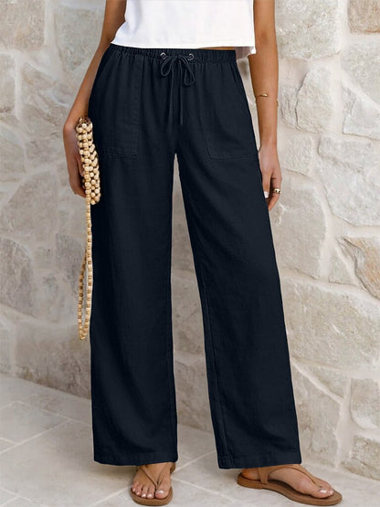 Cotton Linen Drawstring Straight-Leg Pants