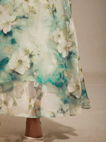 Bloemenprint jurk met col, theelange en volantzoom