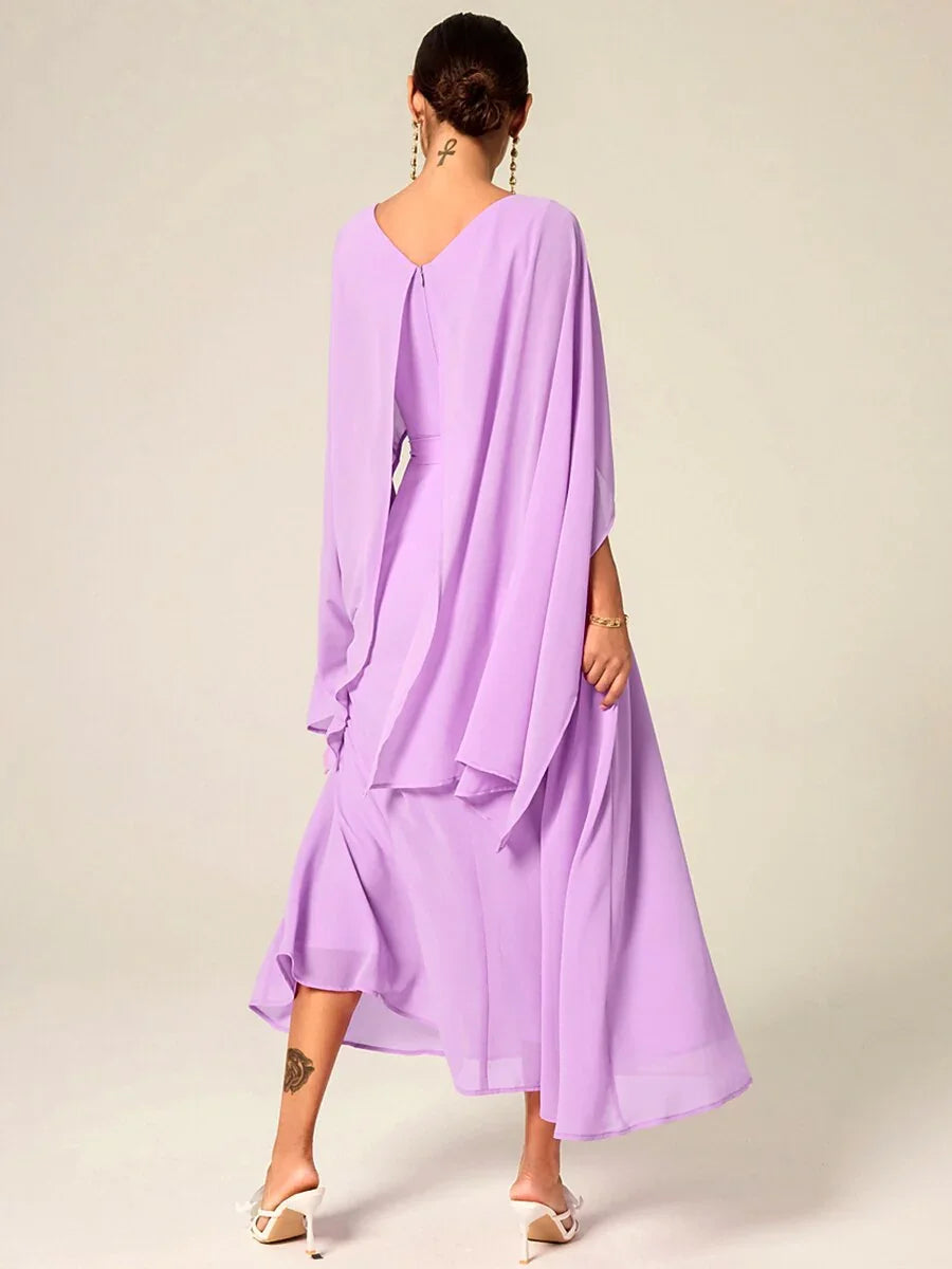 Belted Waist Purple Chiffon Maxi Dress