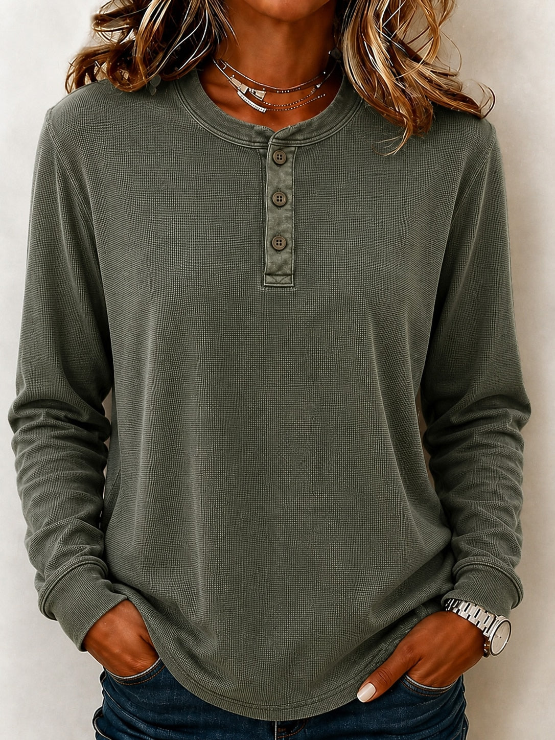 Washed 100%Cotton Waffle Henley Tops
