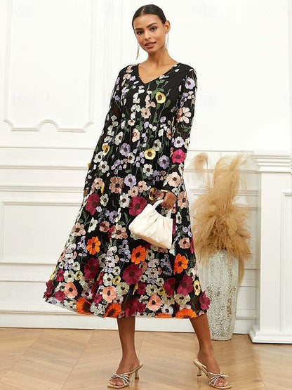 Midikleid mit Blumenstickerei und Bischofsärmeln