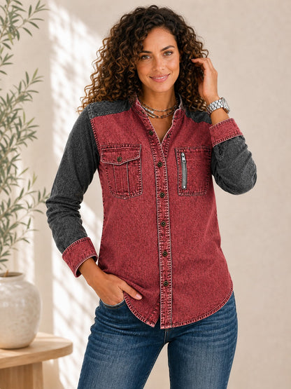 Denim Zipper Henley Shirt