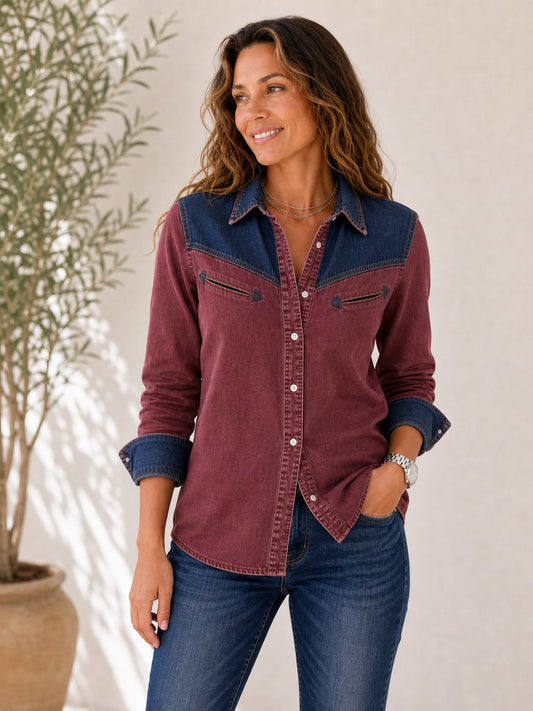 Patchwork Denim Henley Shirt