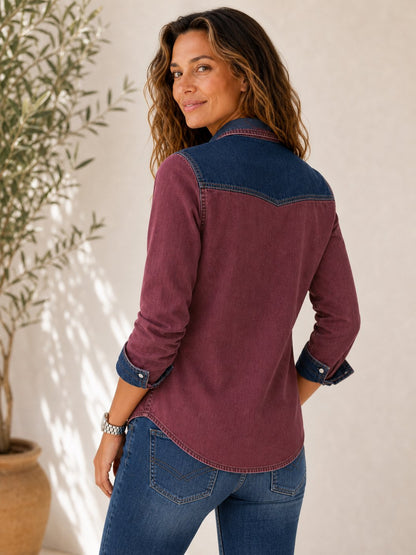 Patchwork Denim Henley Shirt