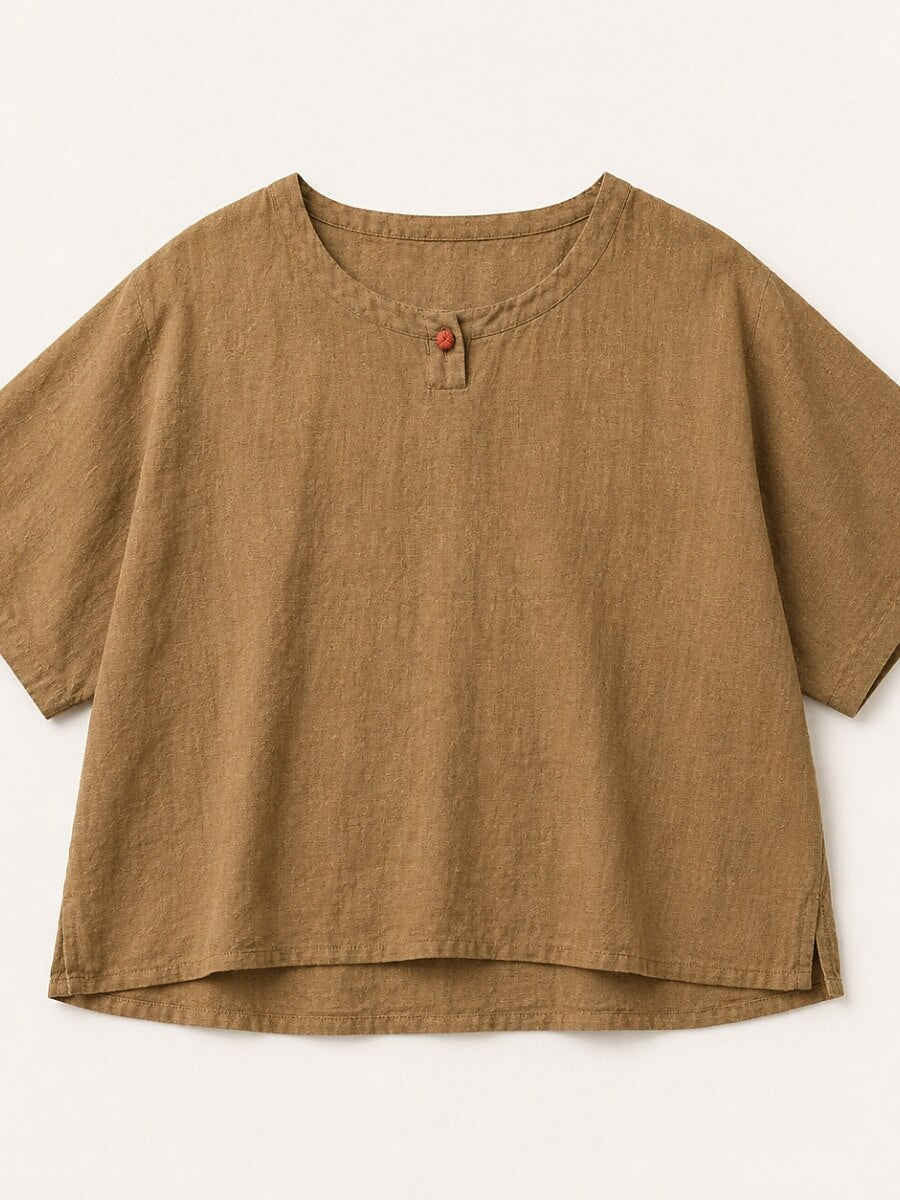 Premium Linen Crew-Neck Button Blouse