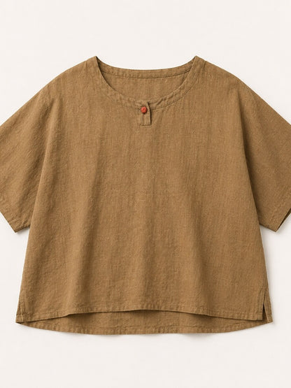 Premium Linen Crew-Neck Button Blouse