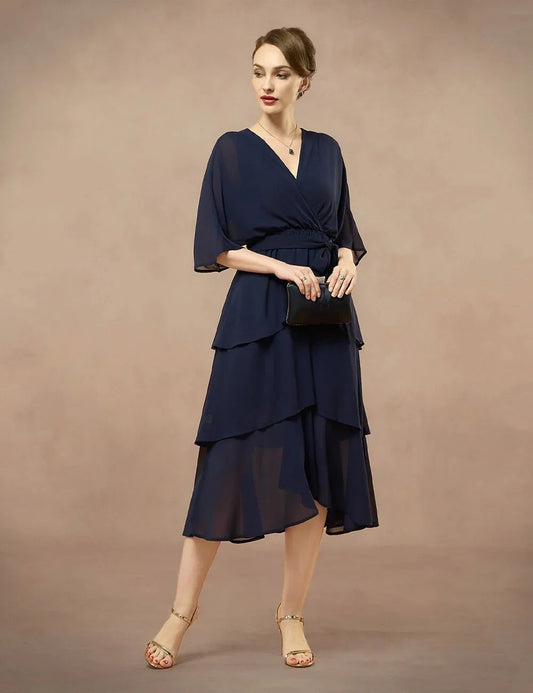 Chiffon Layered Ruffle V-Neck Dress