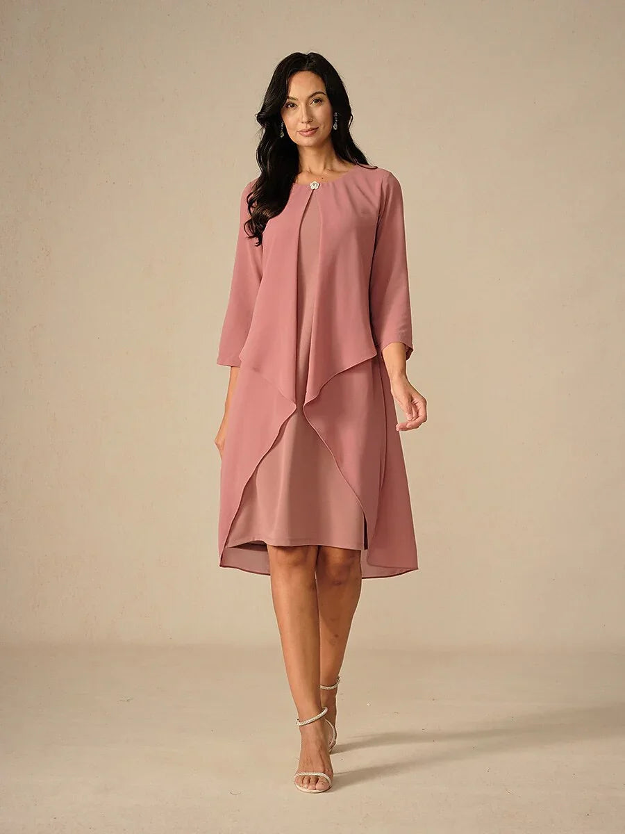 3/4 Sleeve Knee-Length Chiffon Dress with Rhinestone