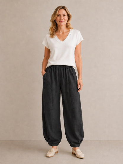 Premium Linen Elastic-Waist Balloon Pants
