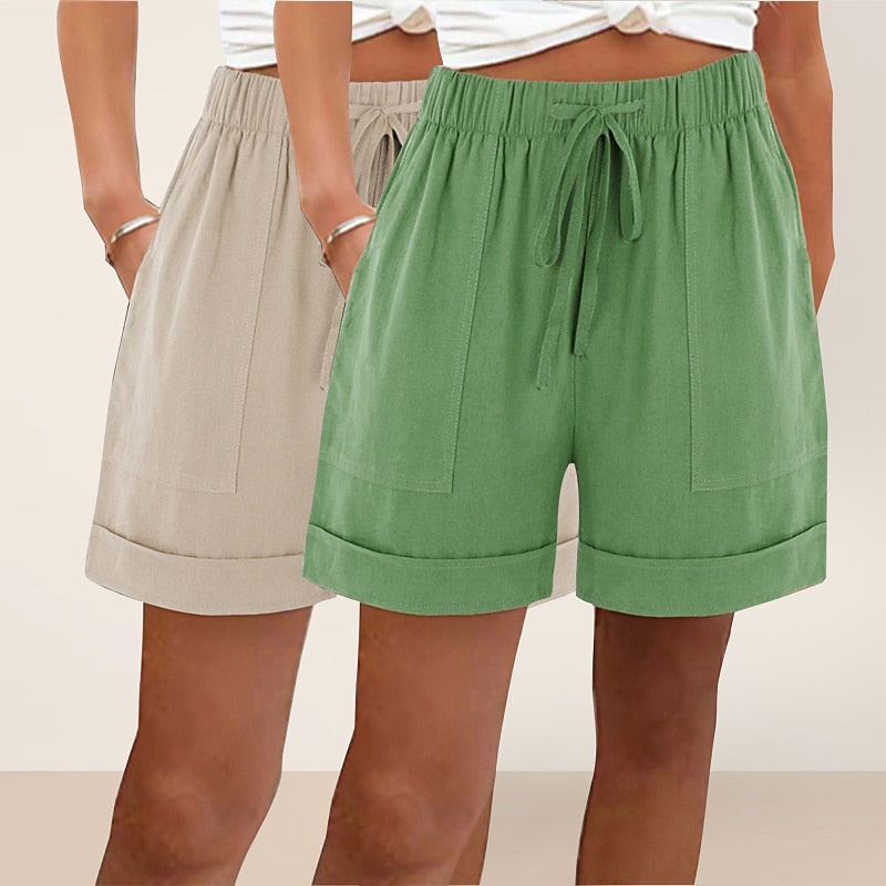 Women's 2pcs Cotton Linen Beach Shorts