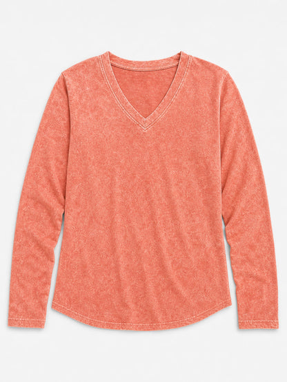 Washed 100% Cotton V-Neck Tops