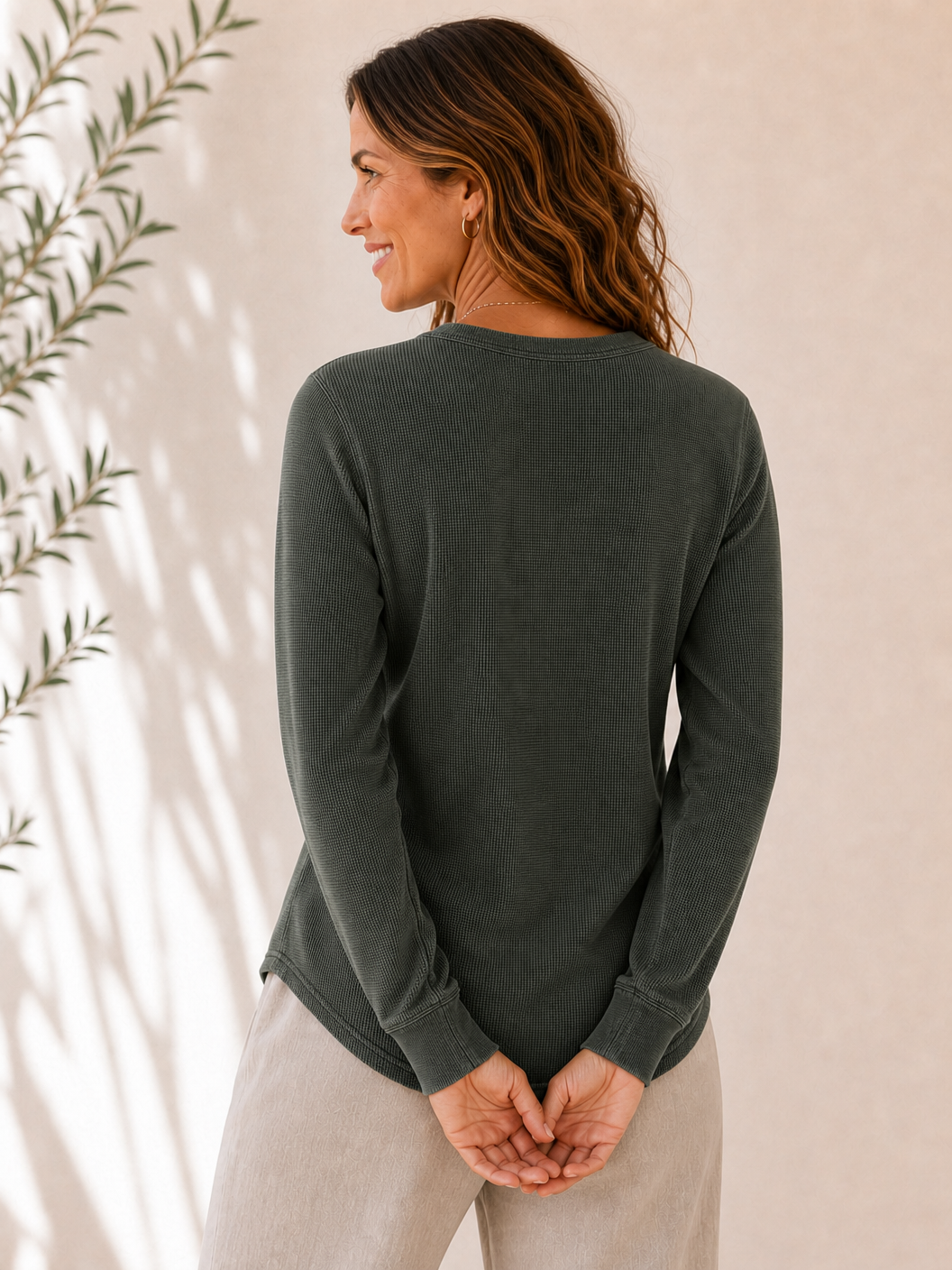 Washed 100%Cotton Waffle Henley Tops