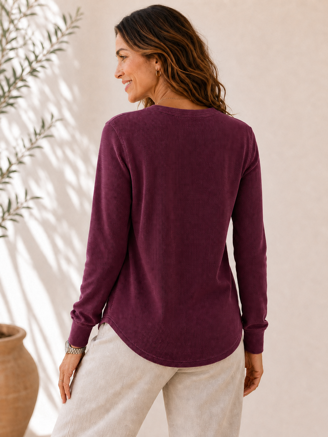 Washed 100%Cotton Waffle Henley Tops