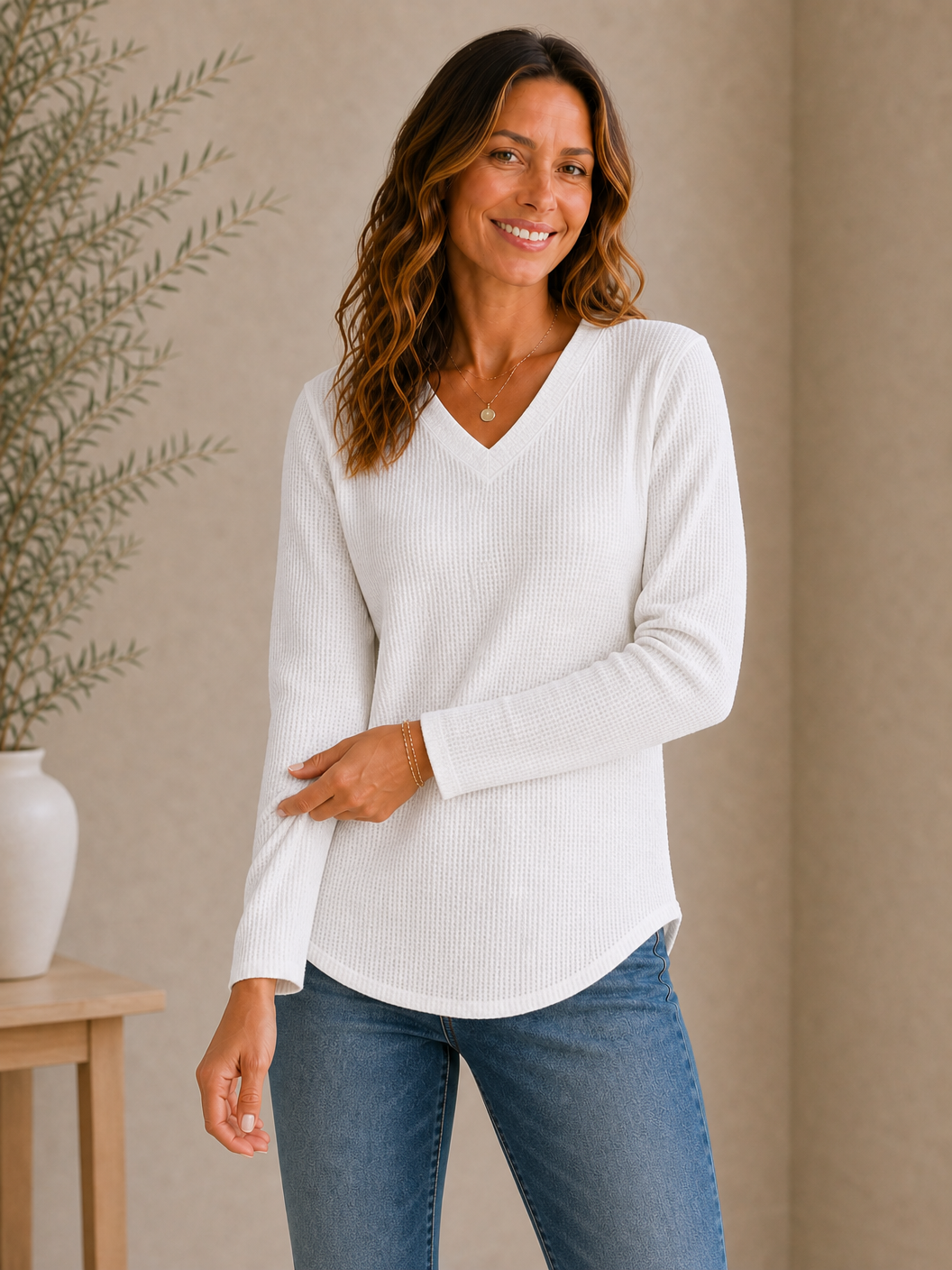 Waffle Cotton V-Neck Shirt
