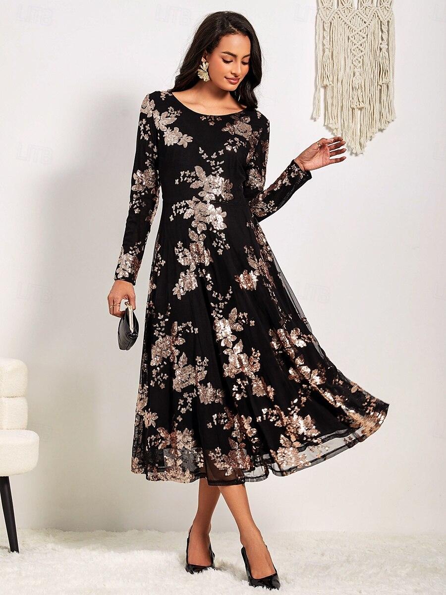 Schwarzes Maxikleid mit Rundhalsausschnitt und Spitze