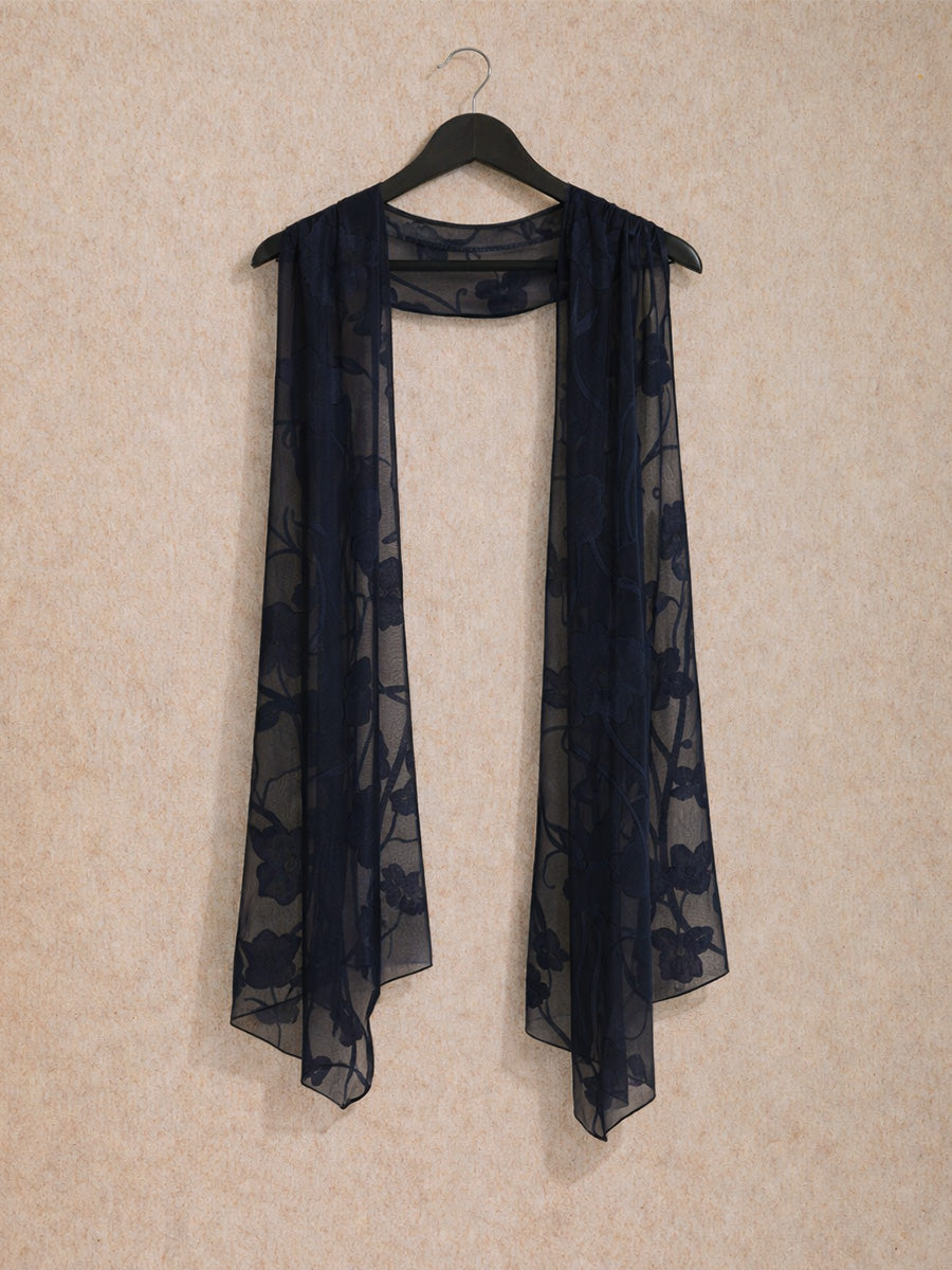 海軍藍花卉雪紡不對稱下擺晚禮服