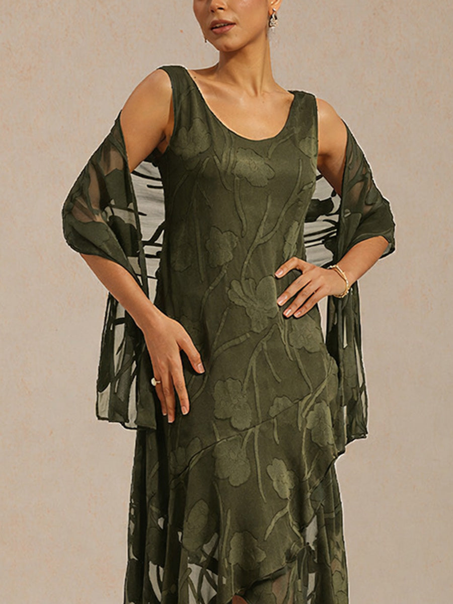 海軍藍花卉雪紡不對稱下擺晚禮服