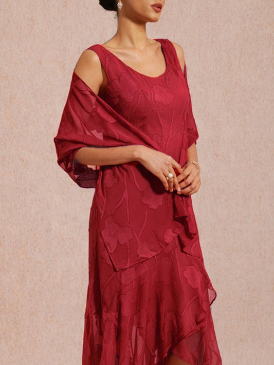 Marineblaues Chiffon-Abendkleid mit Blumenmuster und asymmetrischem Saum