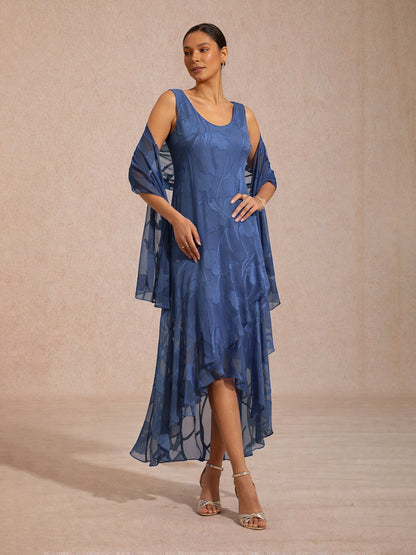 海軍藍花卉雪紡不對稱下擺晚禮服