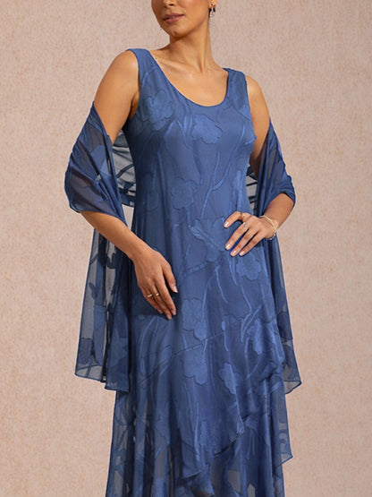 海軍藍花卉雪紡不對稱下擺晚禮服