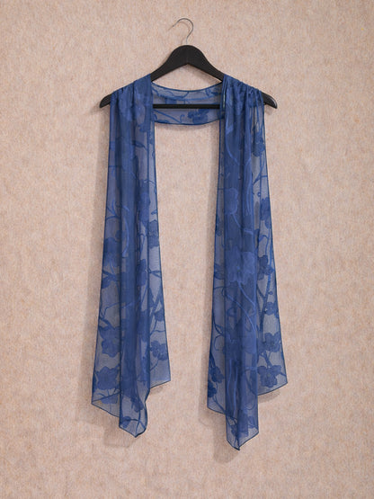 海軍藍花卉雪紡不對稱下擺晚禮服